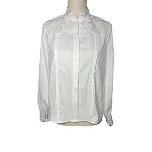 Commense Women's Medium Floral Trim Cut Out Button Up Long Sleeve White Blouse